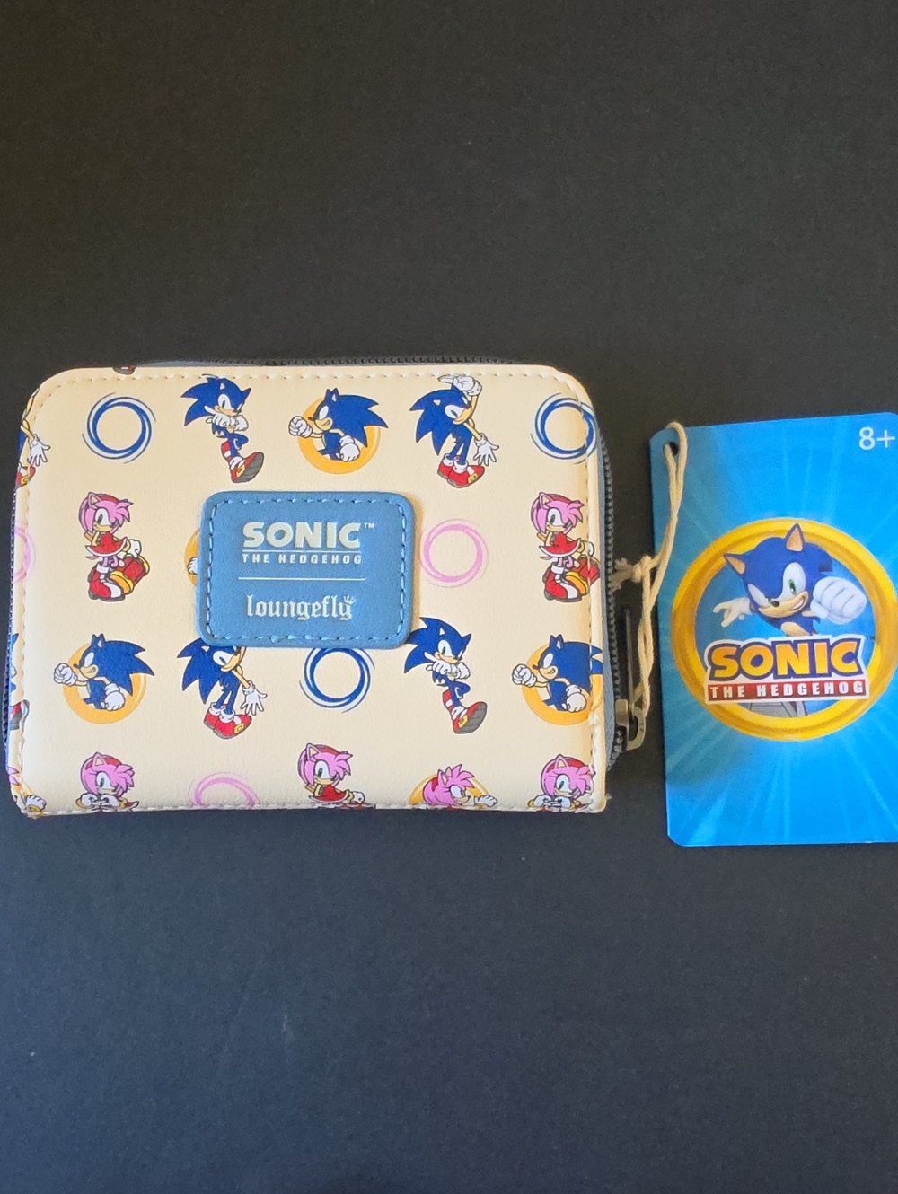 Loungefly Sonic Pattern Beige Zip Wallet with Blue Patch